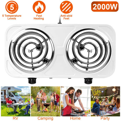 US Local 2 Color Options -- 1Pc 2000W Electric Double Burner Portable Coil Heating Hot Plate Stove Countertop RV Hotplate With Non Slip Rubber Feet 5 Temperature Adjustments