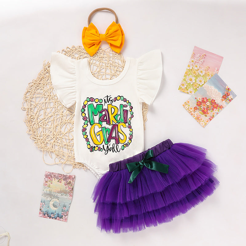 US Local Baby Girls' Mardi Gras Outfit Set Ruffle Sleeve Letter Print Bodysuit, Mesh Tutu Skirt & Hairband