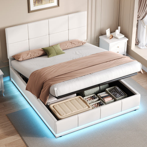 UK Local Ottoman Double Bed With LED Lighting, PU Leather Upholstered Bed With Hydraulic Storage, 4ft6 Double Bed Frame With Adjustable Square Tufted Headboard, Cream White