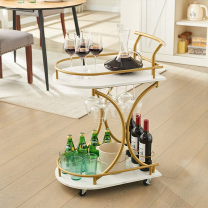 US Local 2-Tier Bar Cart,Gold Wine Cart With Wine Rack & Glass Holder,Mobile Bar Serving Cart,for Party,Home,Rolling Drink Trolley For Living Room