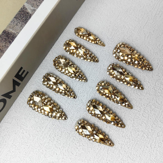 US Local GGddsha Full Diamond Medium Almond Press On NailsReusable PMMA Acrylic Handmade Nails Full Deluxe 3DCrystal Fake Nails W Box Gift For Women,Crown Jewel