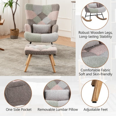 UK Local Rocking Chair, Fabric Relaxing Chair Wingback Accent Chair With Solid Wood Legs, Accent Armchair With Ottoman Single Sofa, Chair With Footstool And Pillow For Home Living Room Bedroom, Multicolour