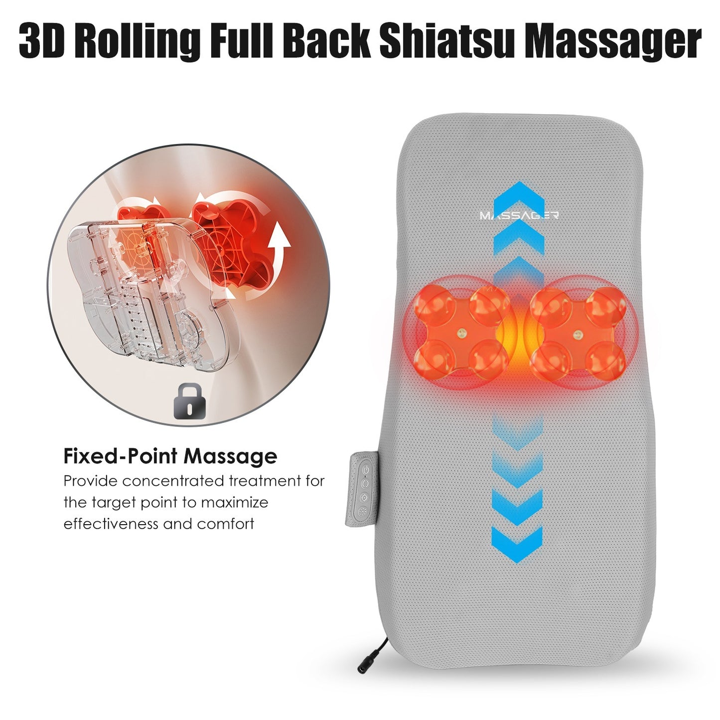 US Local 1 Set Full Back Massager With Rolling Kneading Nodes Soothing Heating 3D Deep Tissue Shiatsu Chair Massage Pad For Lumbar Upper Lower Back Gift For Women Men