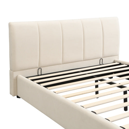 UK Local Upholstered Hydraulic Bed, For Adults And Teenagers, 4ft6 Double Bed 135x190cm, Under-bed Storage Space, Soft Headboard, MDF  Velvet  Plywood, White
