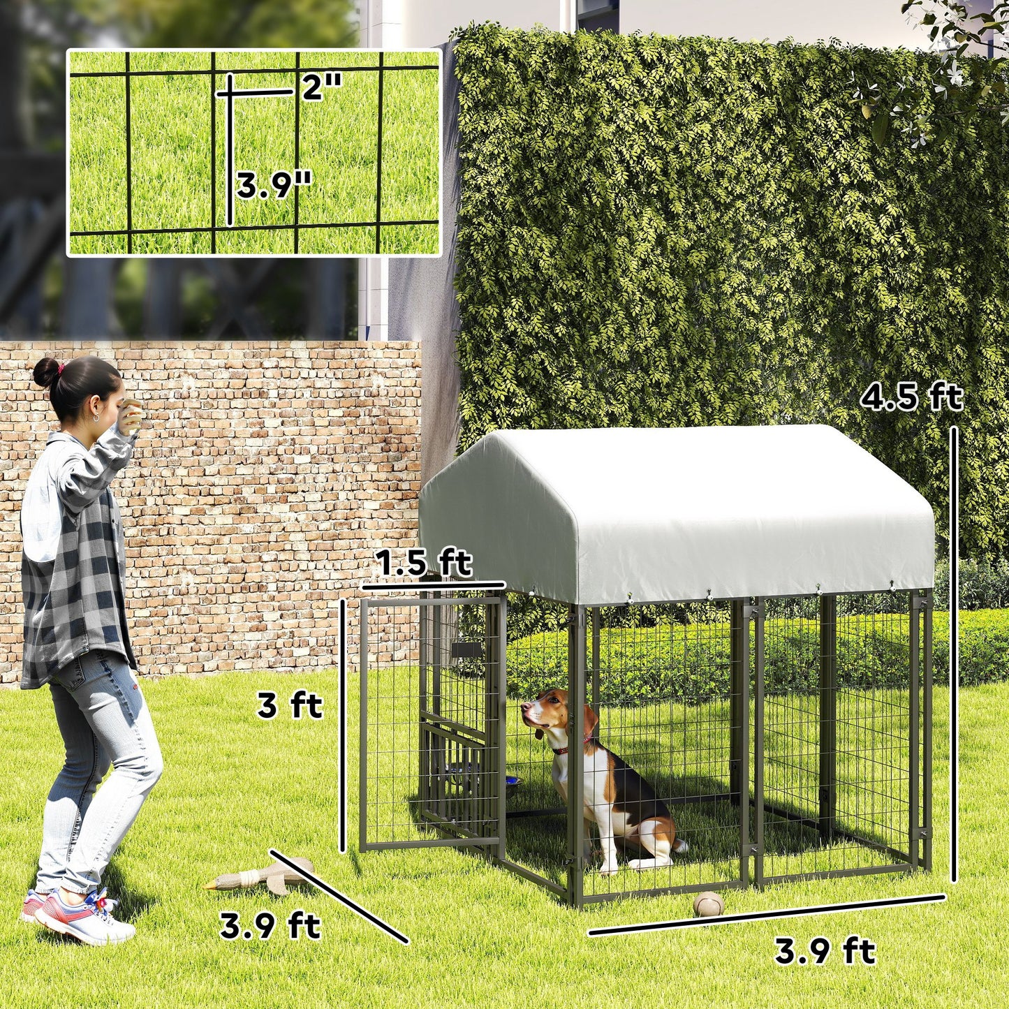 US Local Welded Wire Outdoor Dog Kennel With 360 Rotating & 4 Levels Adjustable Bowls, Waterproof Cover, 3.9 X 3.9 X 4.5
