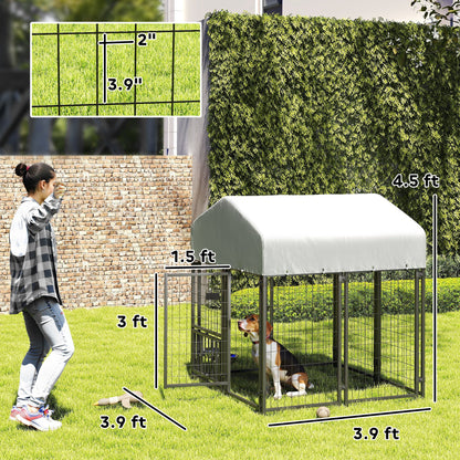 US Local Welded Wire Outdoor Dog Kennel With 360 Rotating & 4 Levels Adjustable Bowls, Waterproof Cover, 3.9 X 3.9 X 4.5