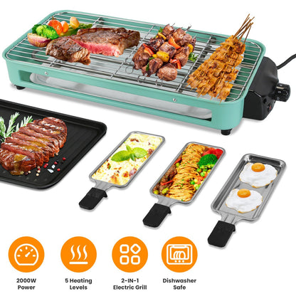US Local 1 Pc 2000W Electric Indoor Grill 2 In 1 Electric BBQ Gill With Grill Net Removable Plate 5 Temperature Control 3 Small Trays Dishwasher Safe