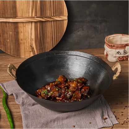 US Local WANGYUANJI 14.2 Handmade Wok, Cast Iron Wok Pan, Large Flat Bottom Wok Stir With Dual Handle And Wooden Lid, Suitable For All Cooktops, Uncoated Chinese Traditional Wok