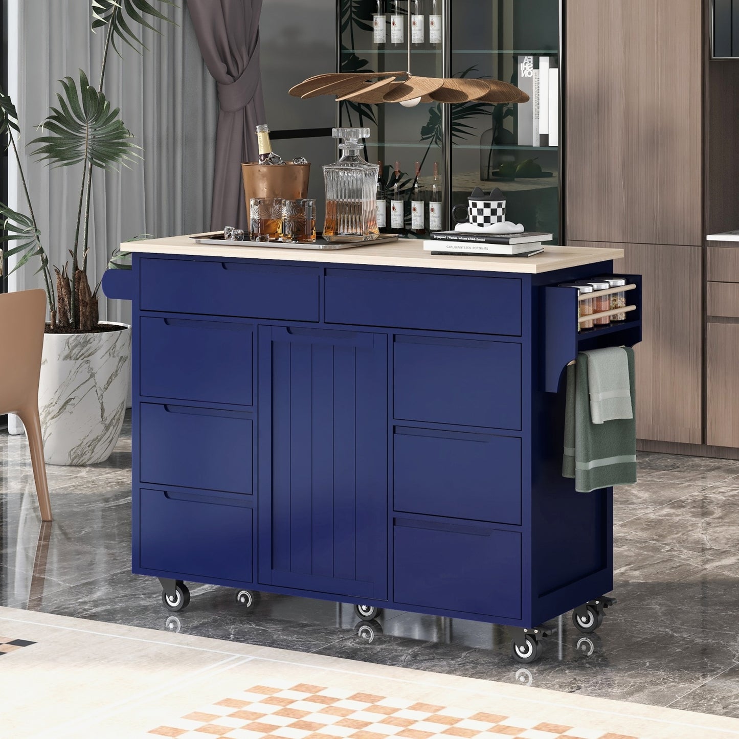 US Local K&K Store Kitchen Cart With Rubber Wood Top, 8 Handle-Free Drawers