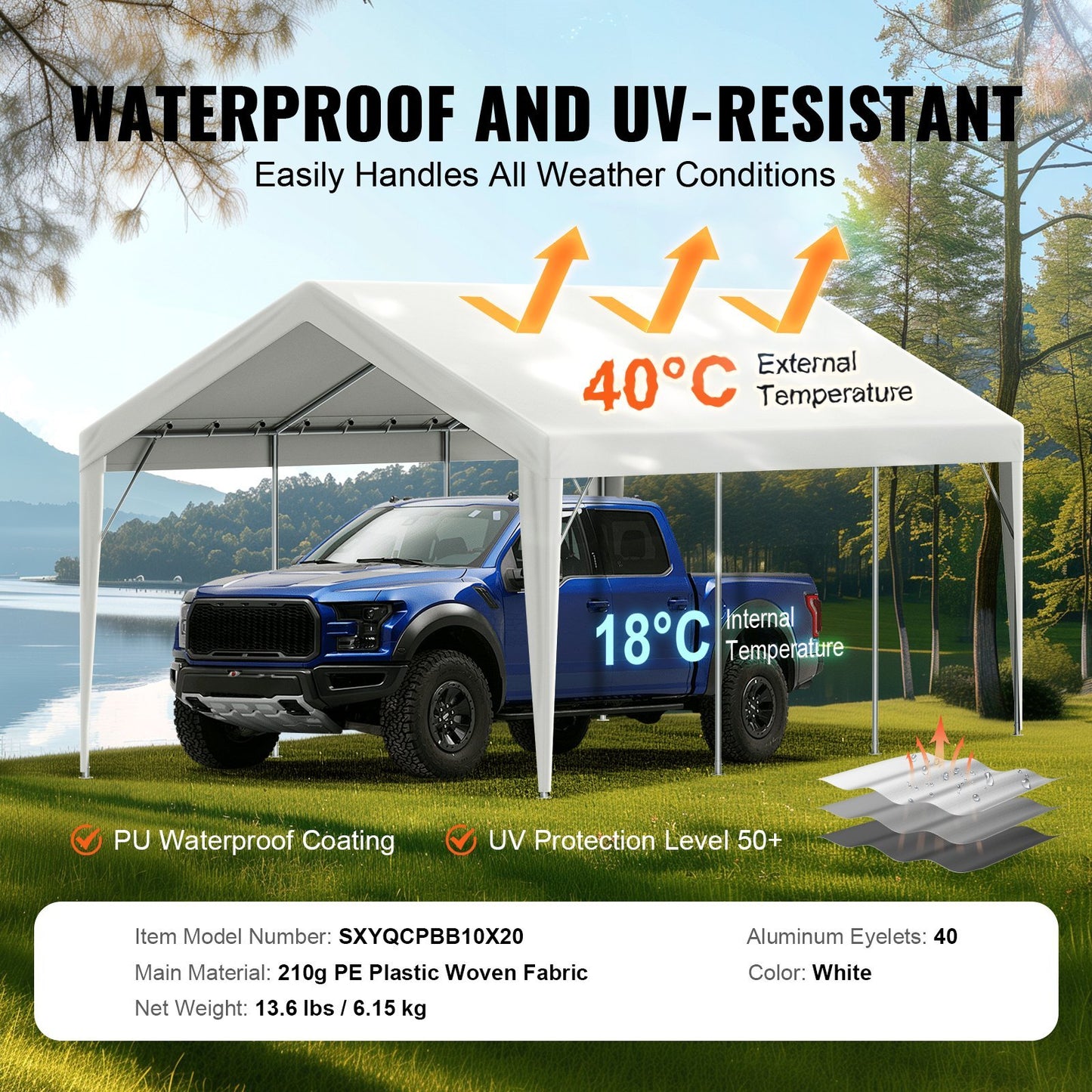 US Local VEVOR Carport Replacement Canopy Cover 10 X 20 Ft, Garage Top Tent Shelter Tarp Heavy-Duty Waterproof & UV Protected, Easy Installation With Ball Bungees,White Only Top Cover, Frame Not Include