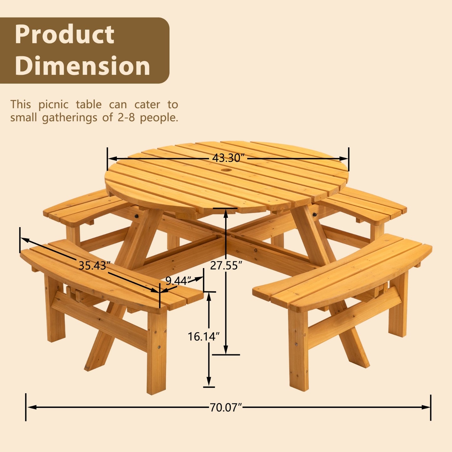 US Local 8 Person Wooden Picnic Table Outdoor Camping With 4 Built-in Benches