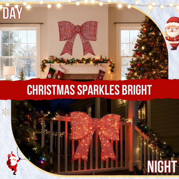 US Local Pre-lit Outdoor Giant Bowknot Christmas Decoration, Lighted Metal Frame With 124 Warm White LED Lights, For Front Door Gate Wall Indoor Outdoor Holiday Party, Red