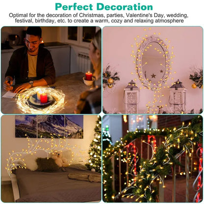 US Local Lighted Birch Garland 7.87FT Lighted Twig Vine Lights 144LED Birch Garland With Lights String Light With Timer 8 Modes IP45 Waterproof For Christmas Fireplace Home Decoration