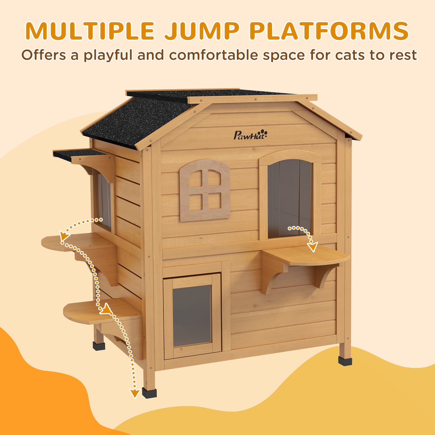 US Local 2-Story Wooden Outdoor Cat House Feral Shelter With Escape Door Asphalt Roof 4 Platforms Natural