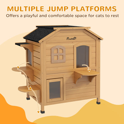 US Local 2-Story Wooden Outdoor Cat House Feral Shelter With Escape Door Asphalt Roof 4 Platforms Natural