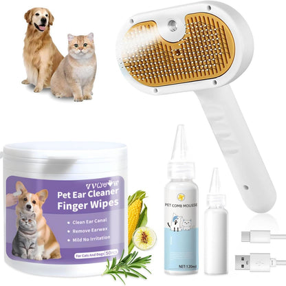US Local Universal Pet Steam Brush For Cats And Dogs 3-in-1 Spray Hair Removal Comb With Waterless Shampoo And Ear Towel