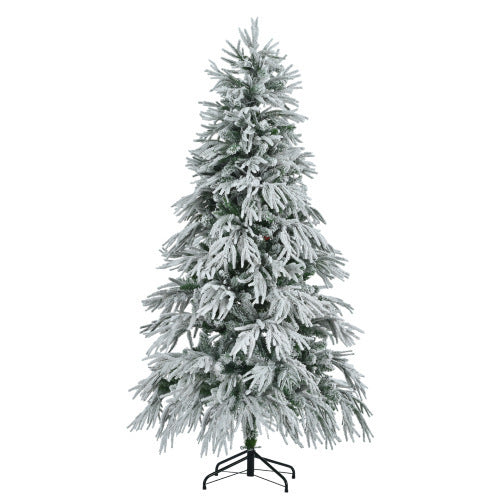 6FT Pre-Lit Spruce Snow Flocked Christmas Tree, Artificial Hinged Xmas Tree With 300 Multi-Color LED Lights, 8 Flashing Modes &790 Snow Branch Tips, Holiday Office Home Decor