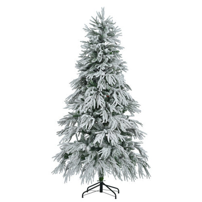 6FT Pre-Lit Spruce Snow Flocked Christmas Tree, Artificial Hinged Xmas Tree With 300 Multi-Color LED Lights, 8 Flashing Modes &790 Snow Branch Tips, Holiday Office Home Decor