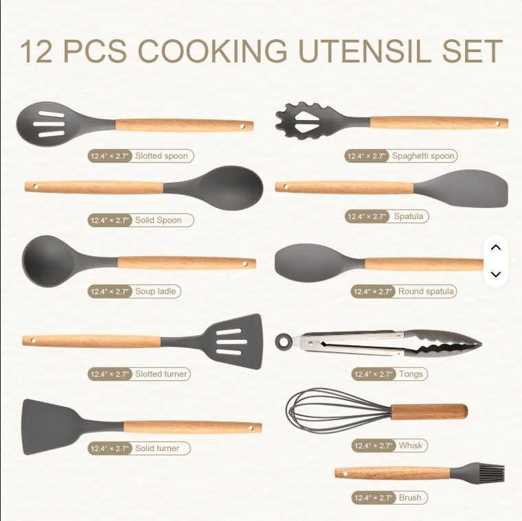 US Local Non-Stick Silicon 12 Pcs Heat Resistant Wooden Handle Kitchen Cooking Utensils Set, Gray Color