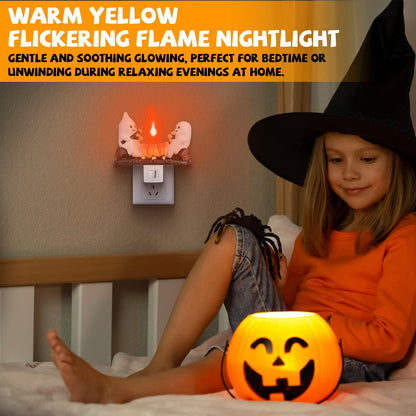 US Local 2 Pcs Ghost Campfire Flickering Flame Night Light Indoor 3D Funny Halloween Nightlight Decoration Bedroom Night Light Halloween Decoration Gift For Friend Family