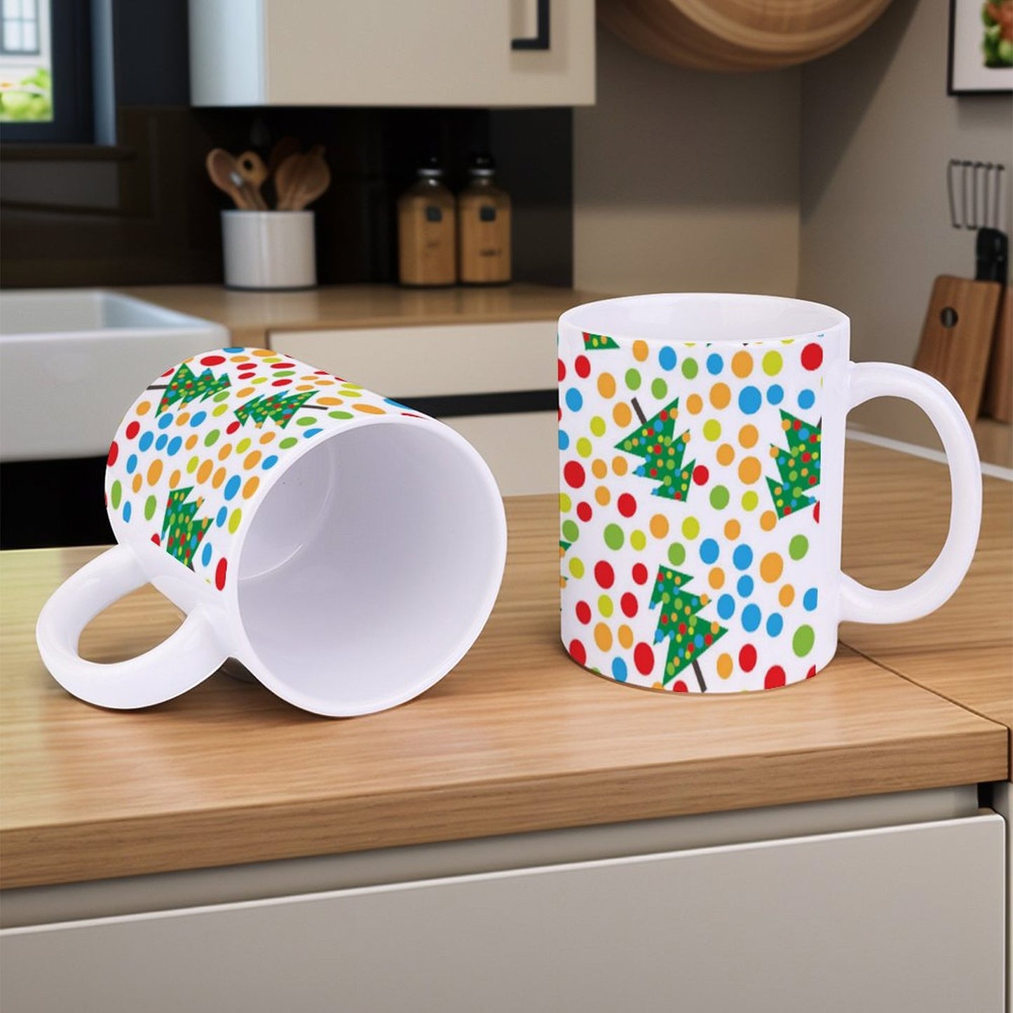 POD US Local White mug with full print, Christmas Tree Colored Dots 0026