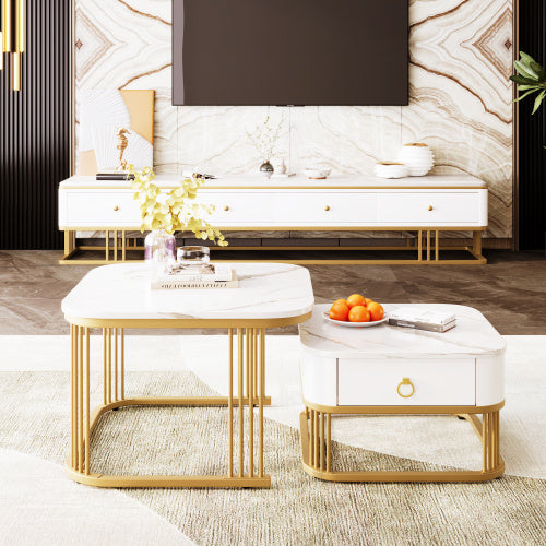 UK Local Nestable Coffee Table High Gloss Marble Exterior, Gold Accents, Side Table With Drawer. Set Of Two