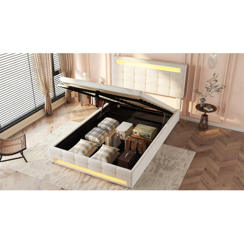 UK Local Upholstered Bed, Hydraulic Bed, Adults Teenagers 4ft6 Double Bed 135x190cm, Square Embellishment, With 7colors LED-light Strips, Velvet Iron, Beige