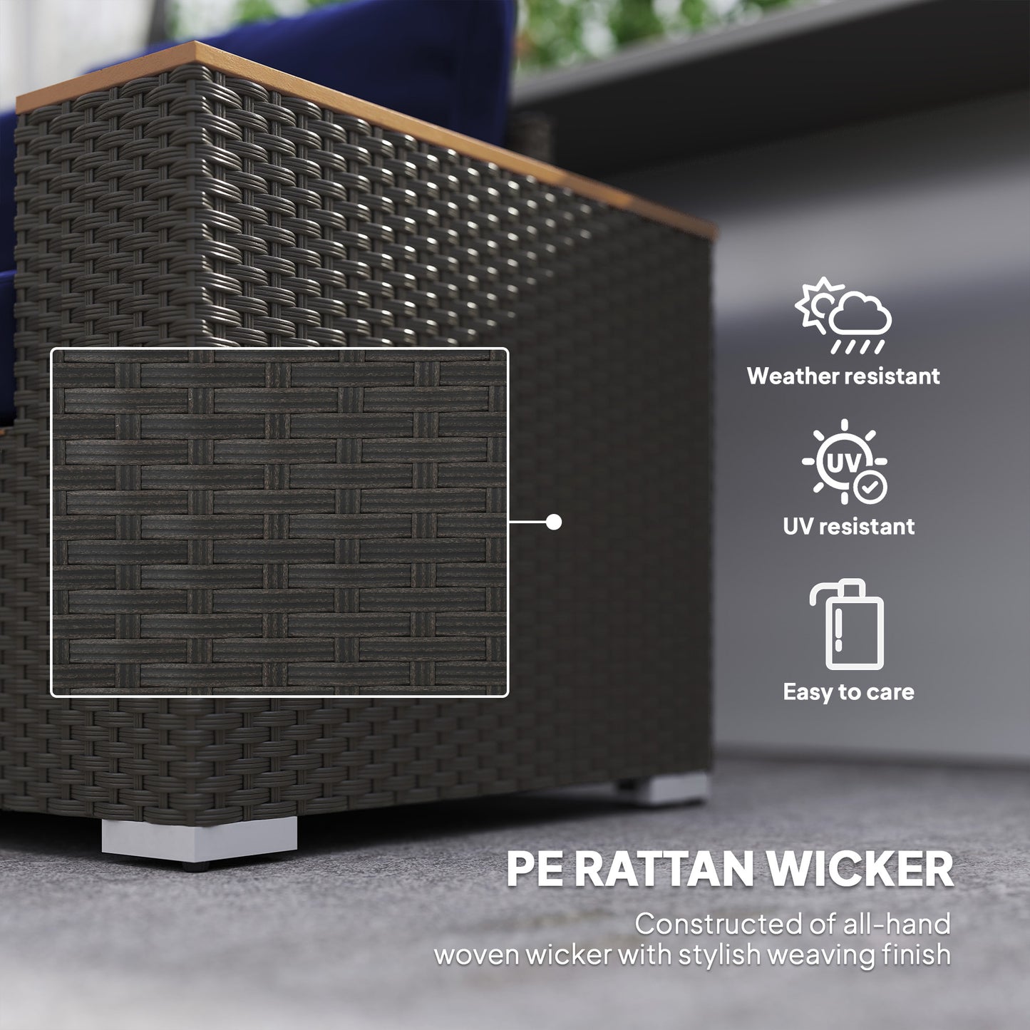 US Local 3-Seat Outdoor Patio Sofa With Cushions, PE Rattan Wicker Sofa With Wide Armrests, Outdoor Wicker Couch, Navy Blue