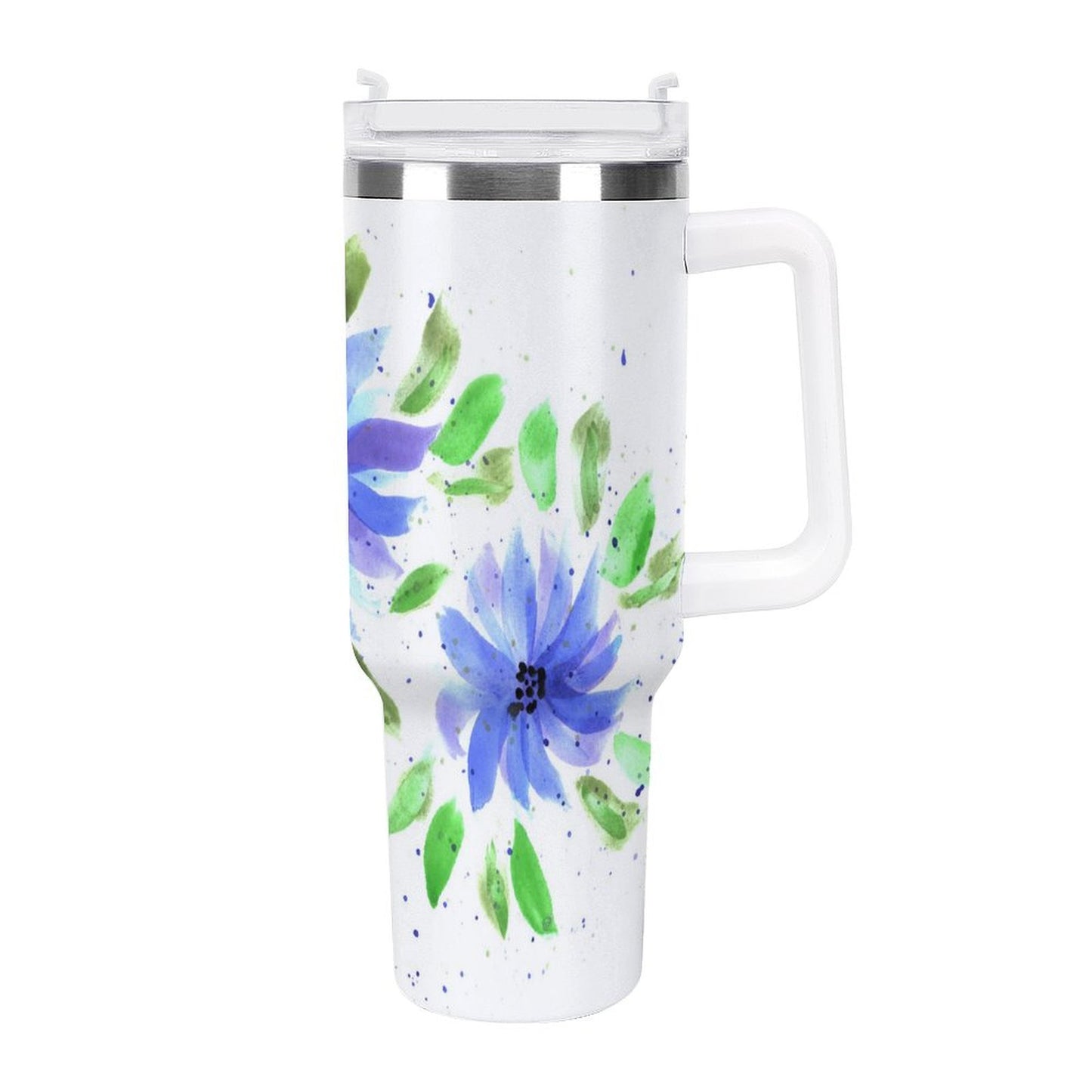 PHDT00144 POD US Local Tumbler 40 oz Large Capacity Car Cup Watercolor, Blue Flowers, Green Leaves