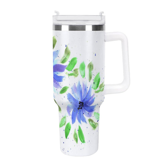 PHDT00144 POD US Local Tumbler 40 oz Large Capacity Car Cup Watercolor, Blue Flowers, Green Leaves