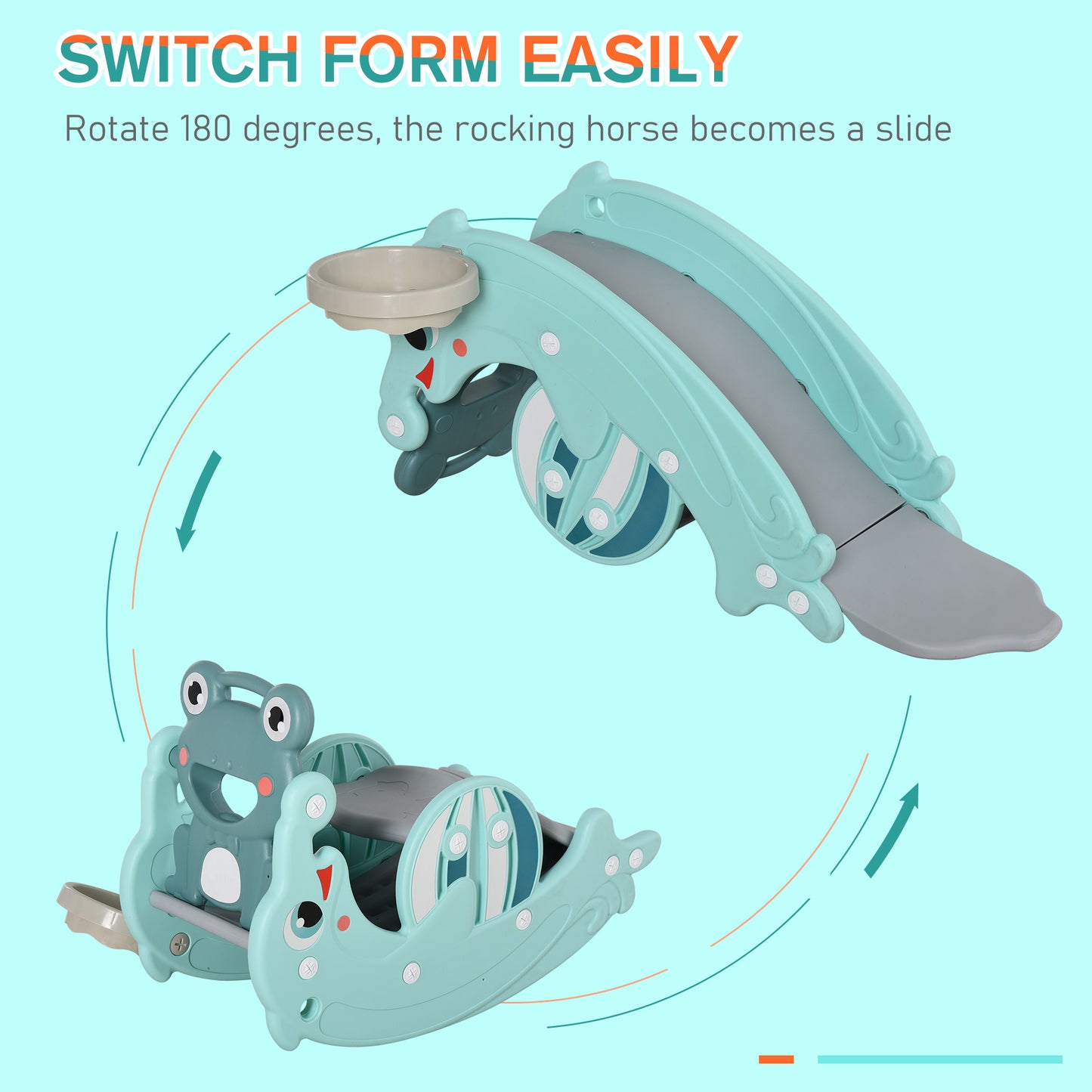 US Local 3-in-1 Kids Portable Slide Rocking Horse Toy with Basketball Hoop for Age 1.5-3 Boys and Girls