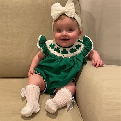 US Local Baby Short Sleeve Romper With Clover Embroidery, Ruffle Trim Playsuit For Summer Vacation