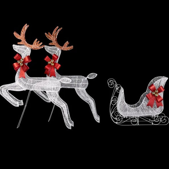 US Local 3-Piece Lighted Set Of 2 Reindeer & Sleigh, Weather Proof Christmas Outdoor Decorations With Pre-lit 270 LED White Lights And Stakes For Xmas Outdoor Holiday Indoor Decor Lighted Holiday Displays, Whi