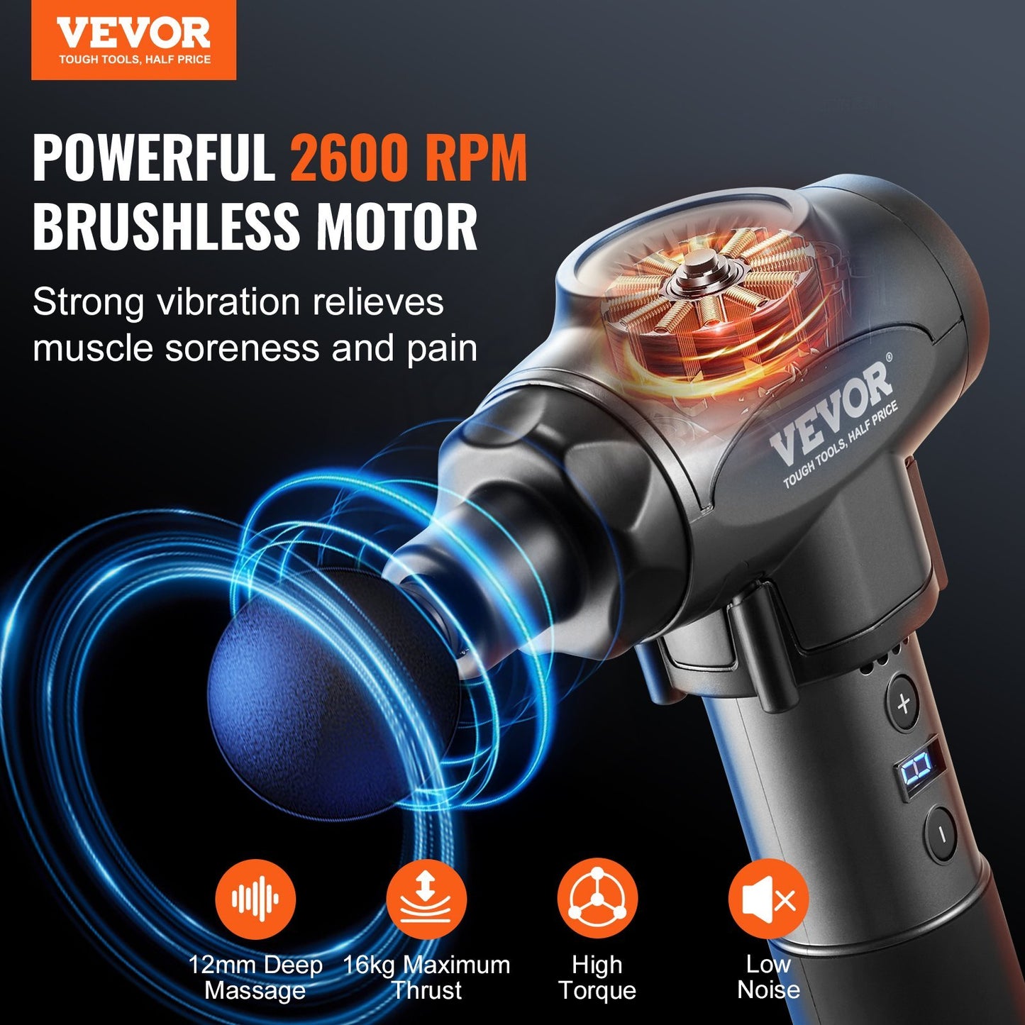US Local VEVOR Massage Gun Deep Tissue With 9 Speed Levels & 6 Massage Heads, 24V 2500mAh Batteries, Percussion Muscle Massager For Athletes, Handheld Electric Massage Gun For Pain Relief, Muscle Relaxation
