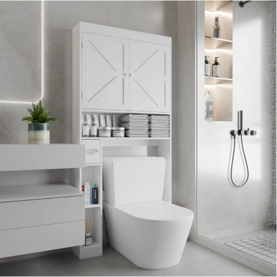 US Local Over The Toilet Storage Cabinet With 2 Door  Home Space Saving Toilet Rack, Farmhouse Style For Bathroom, Restroom, Laundry
