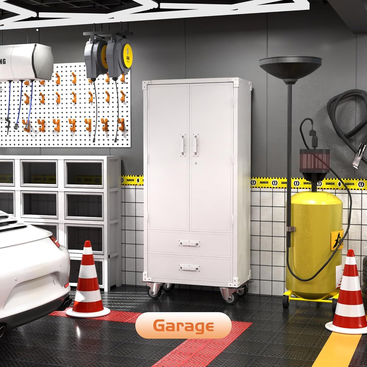 US Local Rolling Storage Cabinet With 2 Doors And 2 Drawers, Metal Storage Cabinet With Doors And Shelves, Locking Steel Cabinet For Warehouse, Home, Office White