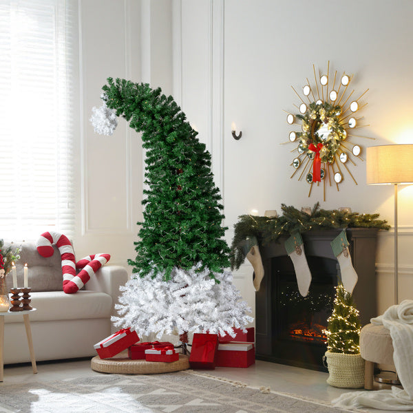 US Local 6 FT Santa Hat Style Pre-lit Christmas Tree, Hinged Artificial Xmas Tree Pine Tree With 250 Warm White Lights, 839 Branch Tips For Holiday Party Store Office Home, Green & White