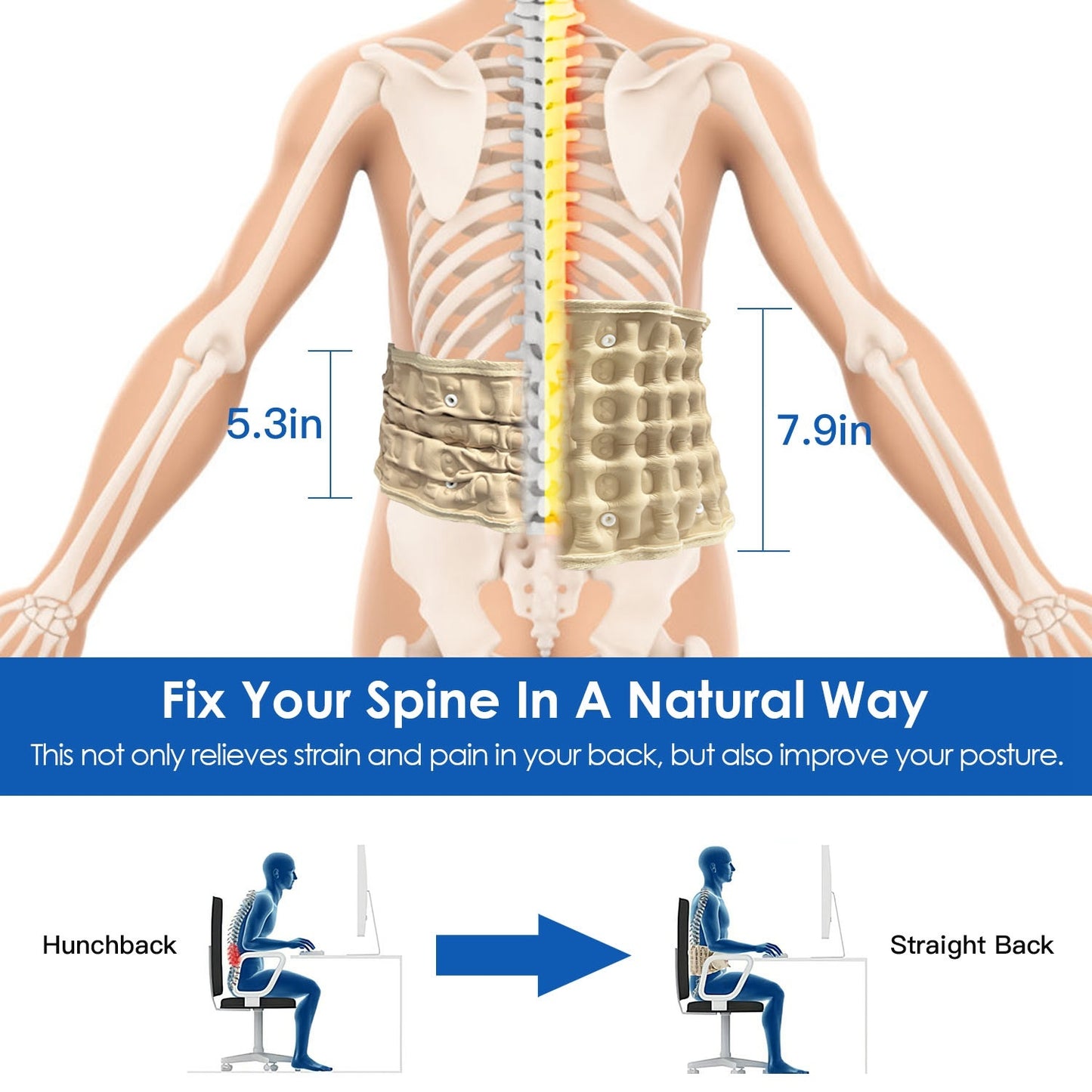 US Local 1 Pc Decompression Back Belt Lumbar Spine Support Lower Back Air Traction Device With Extension Pad For Men Women Pain Relief Fit For All Waist