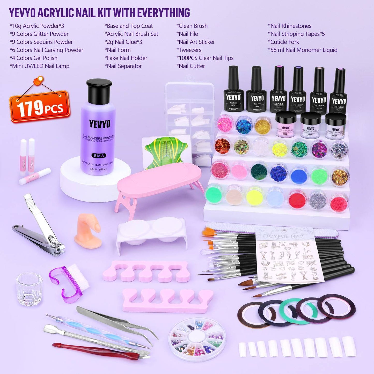 US Local Acrylic Nail Kit W UV Light,w 24 Glitter Colors Acrylic Powder Monomer Liquid
