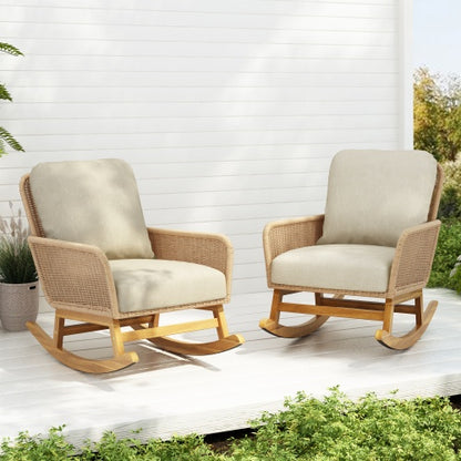 US Local Contemporary Minimalist Ivory Wicker Rocking Chair With Soft Polyester Cushions And Durable Wooden Frame, Perfect For Indoor And Outdoor Spaces Like Patio, Balcony, Or Living Room