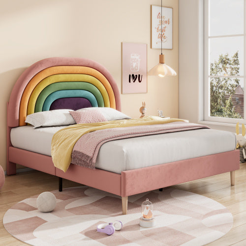 UK Local Upholstered Bed 135x190, With Slatted Frame And Headboard, Youth Bed, For Adults & Teenagers, Wooden Slat Support, Easy Assembly, Height-adjustable Headboard, Velvet, Pink