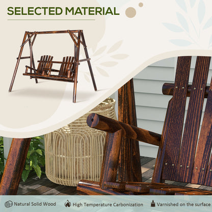 US Local Adirondack Swing Chair Outdoor 2-Seat Freestanding Solid Wood With Center Table Carbonized