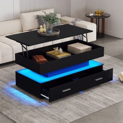 UK Local Hydraulic Lift Top Coffee Table, LED Coffee Tables With Storage For Living Room, Coffee Table With 2 Drawers & LED Light For Dining Reception Room, Black