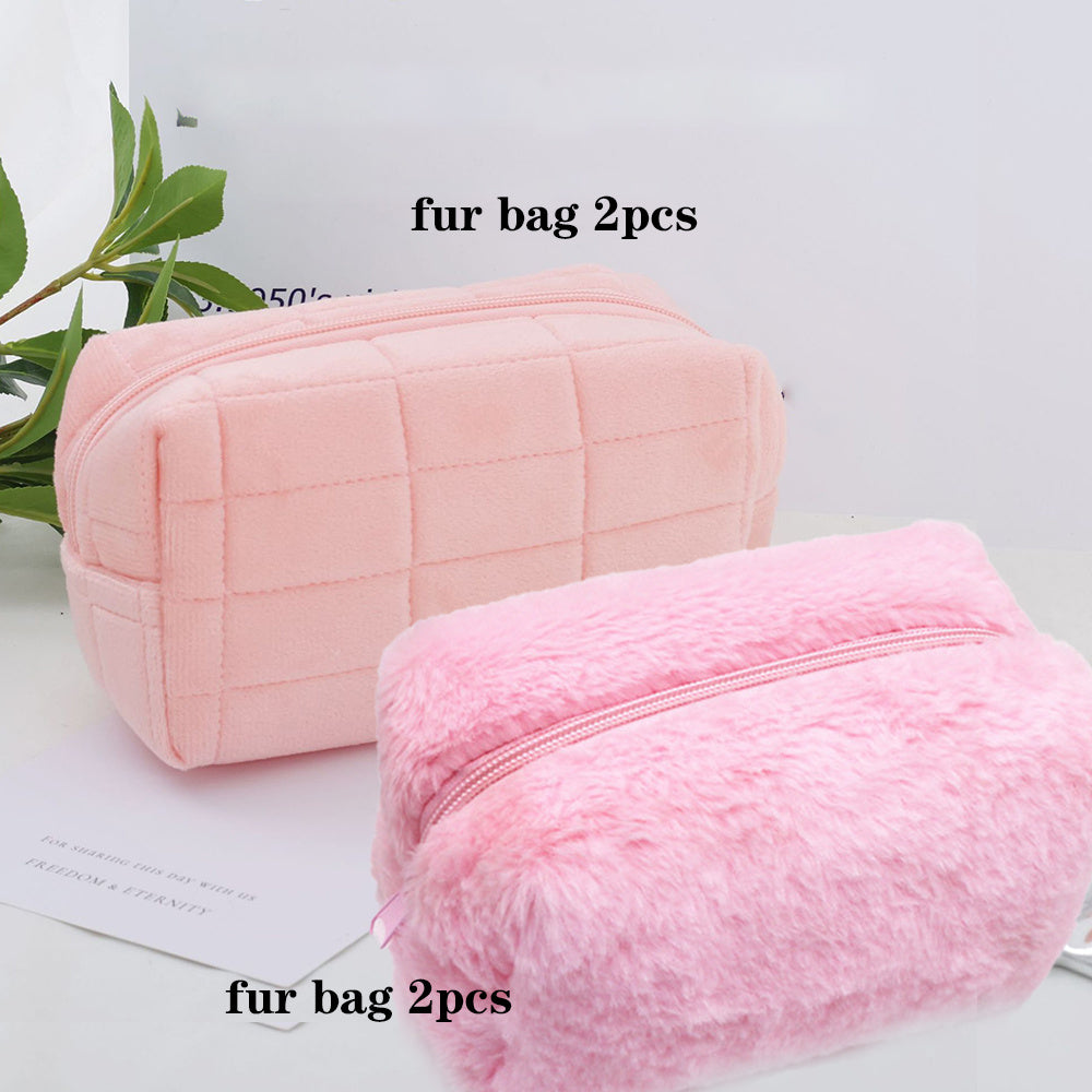 US Local 4pcs Cute Fluffy Cosmetic Bag Female Large Capacity Senior Sense Portable Autumn And Winter Plush Storage Bag