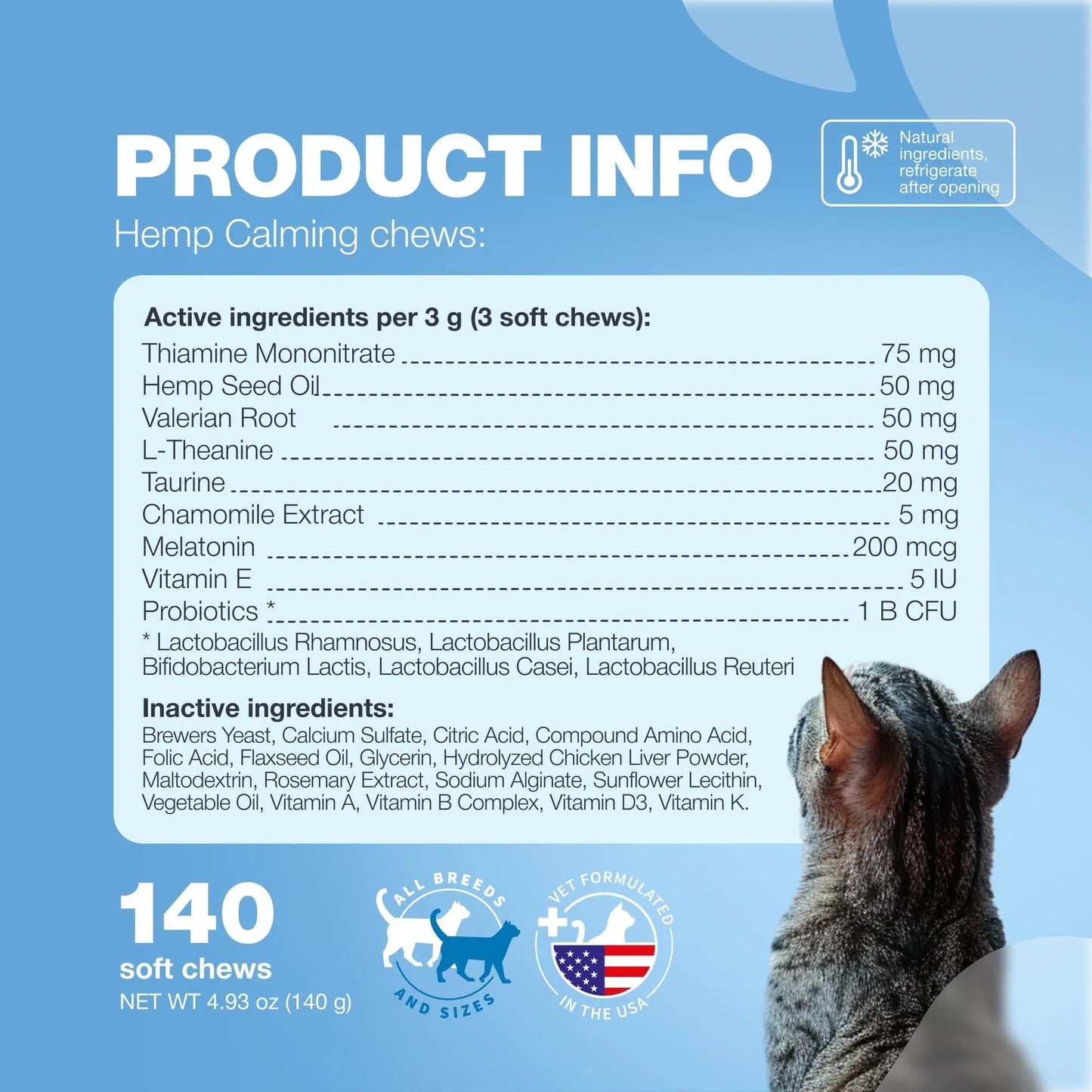 US Local Cat Calming Treats with Hemp & Melatonin – Soft Chews for Anxiety Relief, Stress, Travel, Storms & Grooming Support