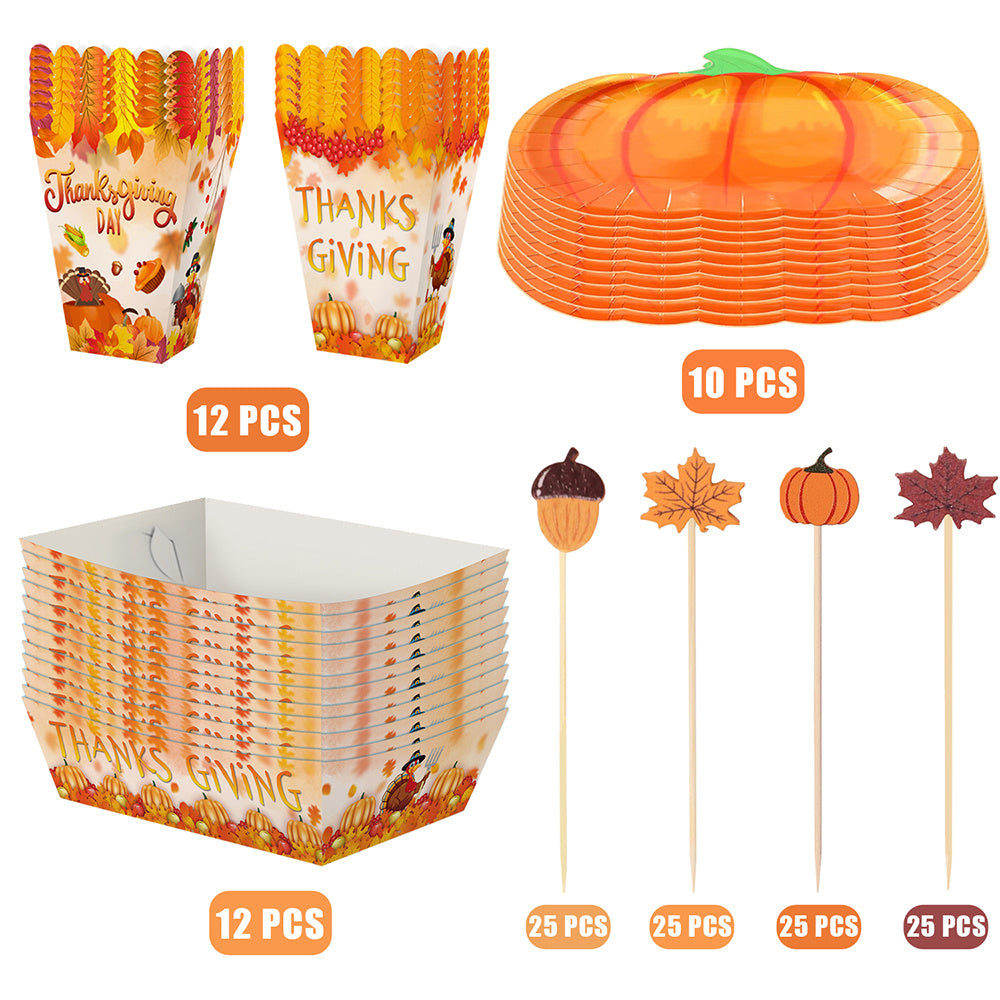 134 Pcs Thanksgiving Party Tableware Set Include Pumpkin Paper Plates Popcorn Boxes Food Trays With Fall Cocktail Picks Disposable Fall Harvest Dinnerware Set For Autumn Holiday Thanksgiving