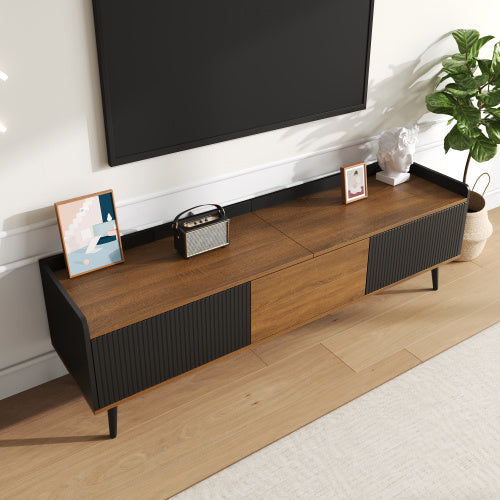 UK Local TV Cabinet, TV Table, TV Stand, Three-Door Base Cabinet. Compact Design. Black And Natural Wood Finish. Height 49.5 Cm  Length 160 Cm  Width 39 Cm