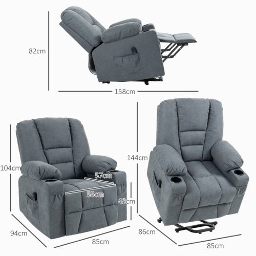 UK Local HOMCOM Oversized Riser And Recliner Chairs For The Elderly, Fabric Upholstered Lift Chair For Living Room With Remote Control, Side Pockets, Cup Holder, Grey