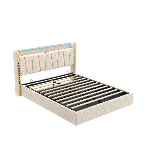 UK Local 4ft6 Double Upholstered Bed Frame With Hydraulic Storage, LED Headboard With Charging Station And Chrome Trim, USB And Type - C Ports, Linen, No Box Spring Needed, Beige