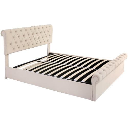 UK Local Upholstered Bed 5ft,150x200, 5ft King Bed, Luxurious Velvet Button-Tufted Sleigh Bed Storage, Functional Bed With Slatted Frame And Storage, Beige